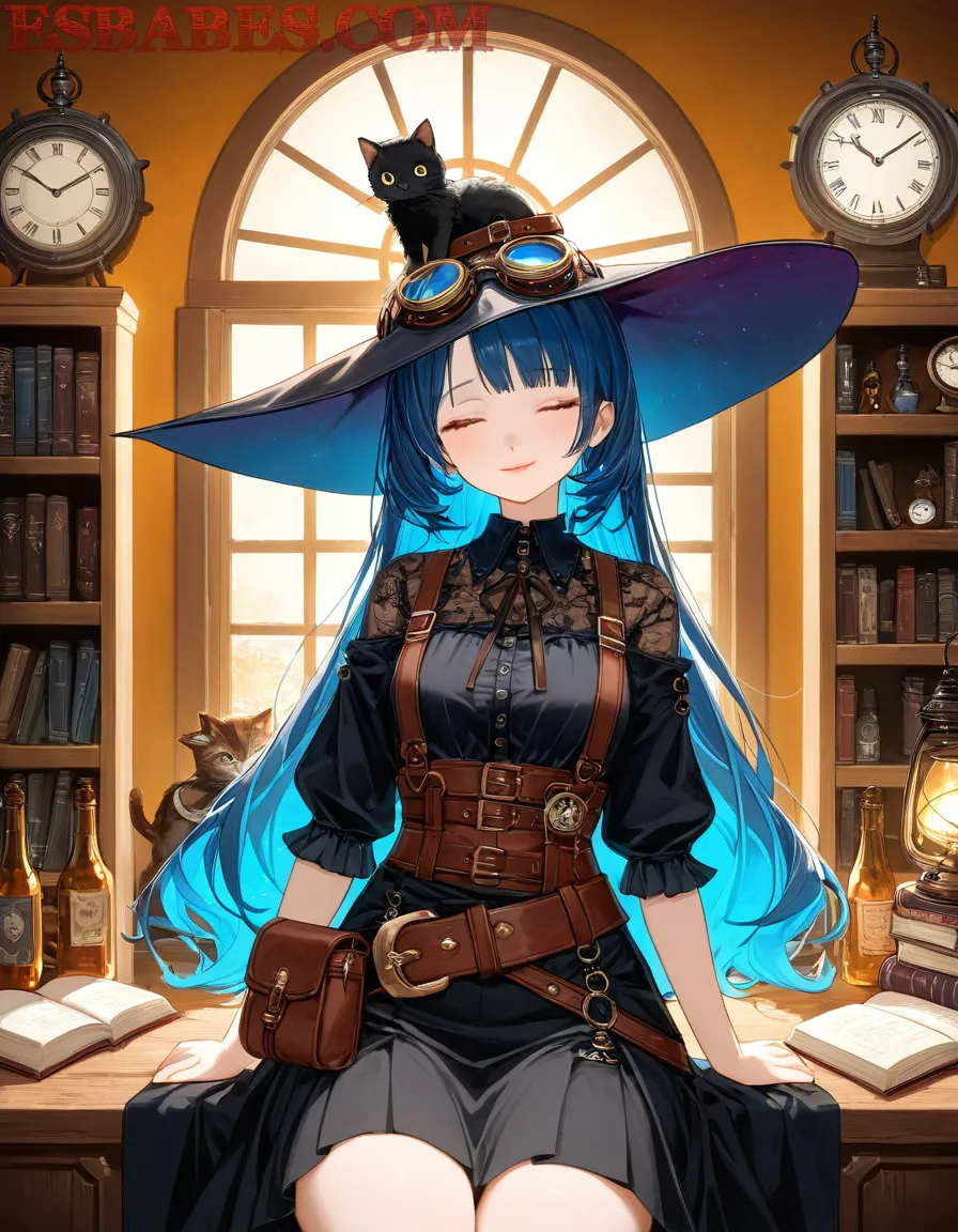 Hechicera anime de cabello azul generada por IA: fantasía visual en una biblioteca mágica