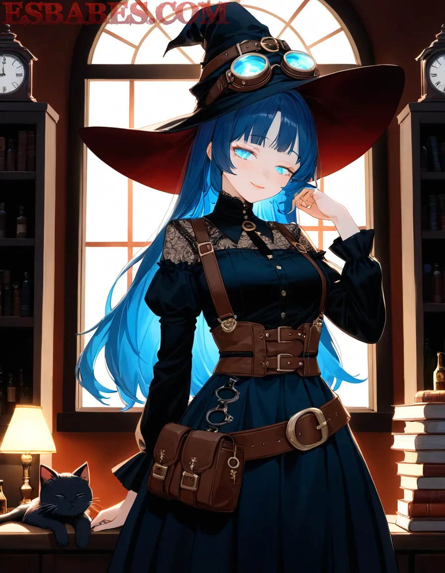 Hechicera anime de cabello azul generada por IA: fantasía visual en una biblioteca mágica