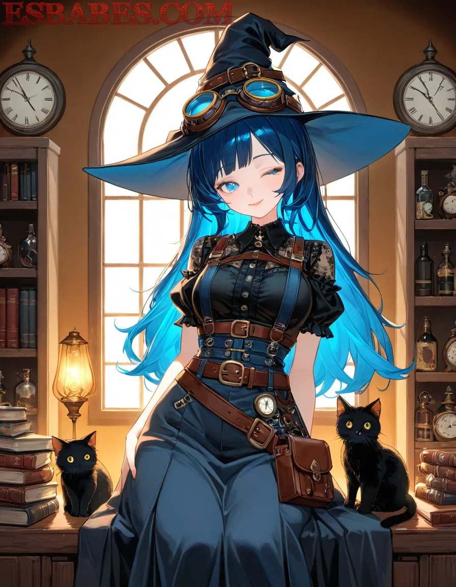 Hechicera anime de cabello azul generada por IA: fantasía visual en una biblioteca mágica