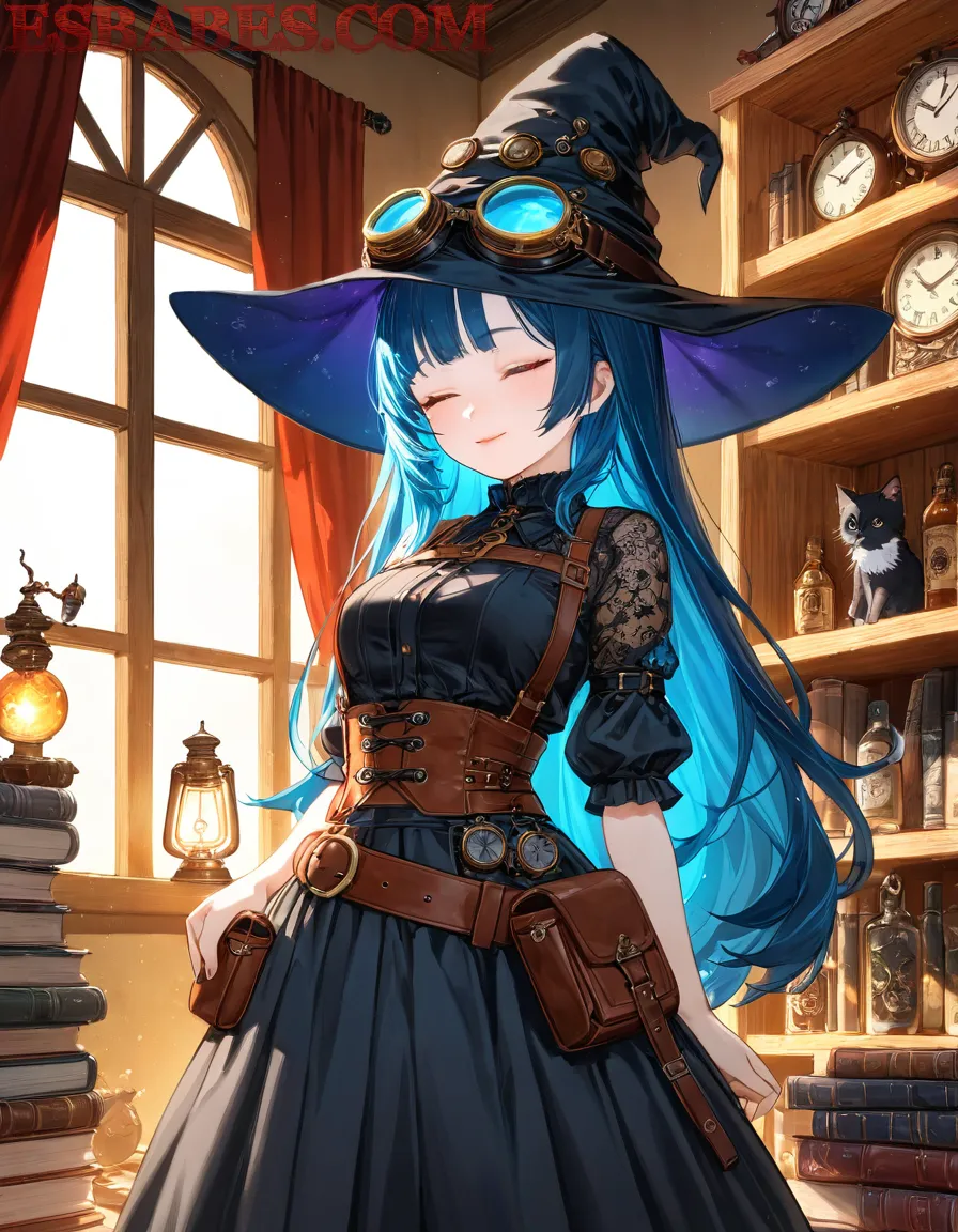 Hechicera anime de cabello azul generada por IA: fantasía visual en una biblioteca mágica