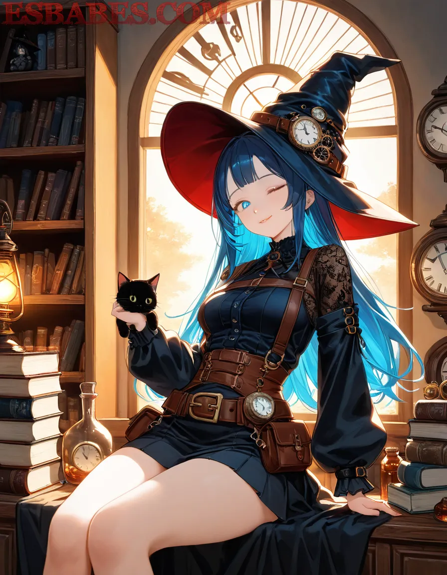 Hechicera anime de cabello azul generada por IA: fantasía visual en una biblioteca mágica