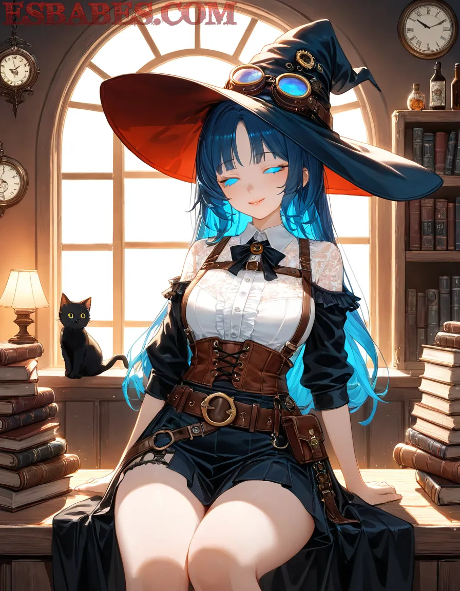 Hechicera anime de cabello azul generada por IA: fantasía visual en una biblioteca mágica