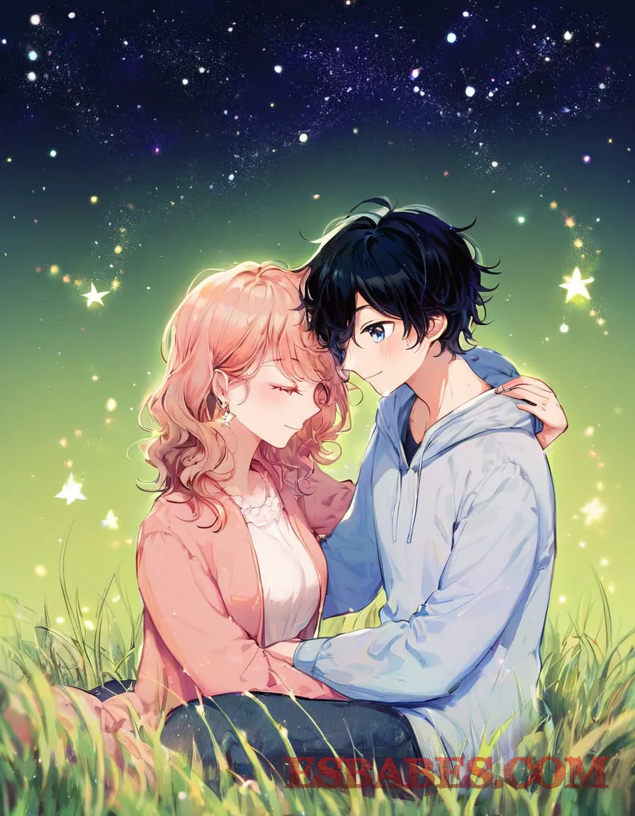 Pareja de anime abrazándose bajo las estrellas