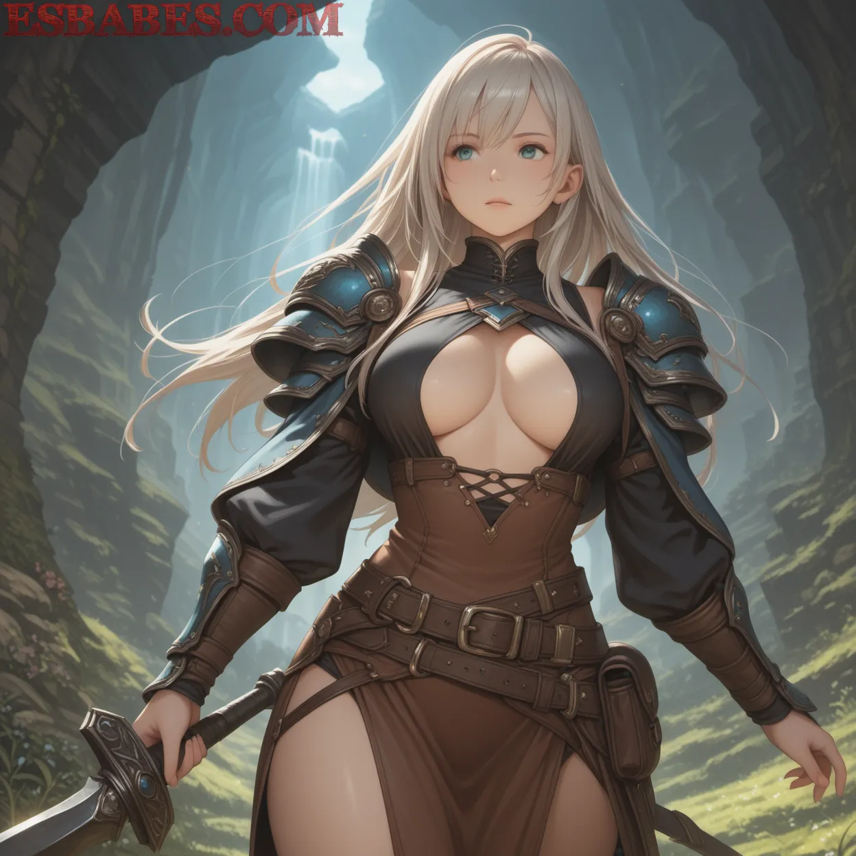 Arte ilustración increíble de Tetona Cosplay De Pelo Verde Grandes Tetas Y Cono Afeitado generado por IA